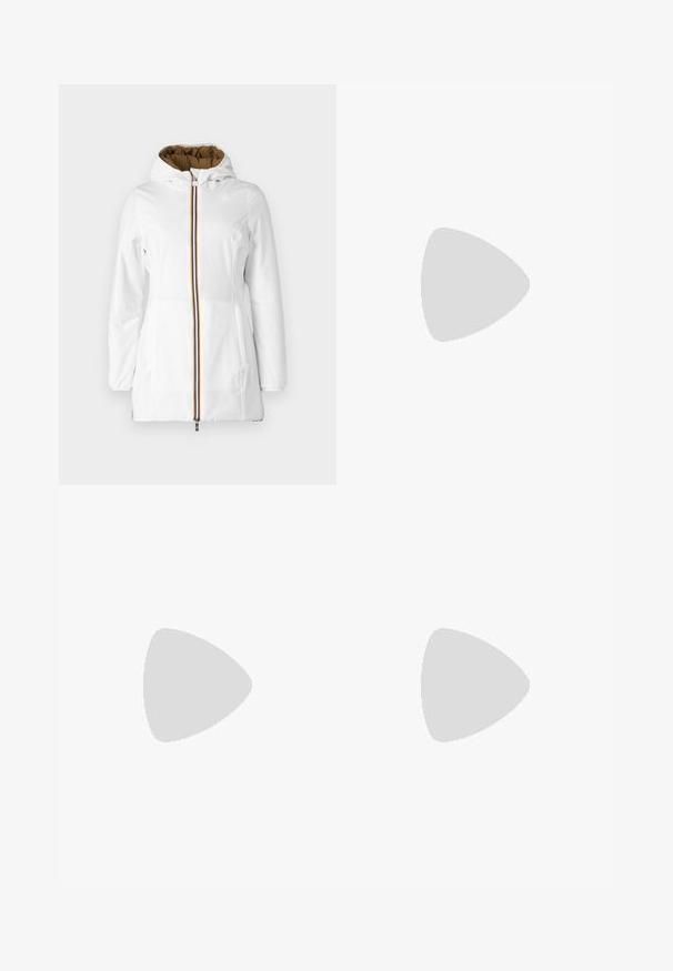 K-Way DENISE WARM DOUBLE - Parka - white/brown; Bjela kratka majica s kratkim rukavima s tamnoplavim horizontalnim prugama, s vezanim logotipom "Tommy Hilfiger" na prsima. Klasični dizajn s okruglim izrezom.; Nabrana bijela suknja s crnim elastičnim pojasom na kojem se nalazi logo "LACOSTE". Srednje dugačak dizajn s mekim teksturom.; Bijele kožne tenisice s debelim bijelim potplatom, crnim zamšastim akcentom na peti i ugraviranim logom sa strane. Dizajn s vezicama i šest rupa za vezivanje.