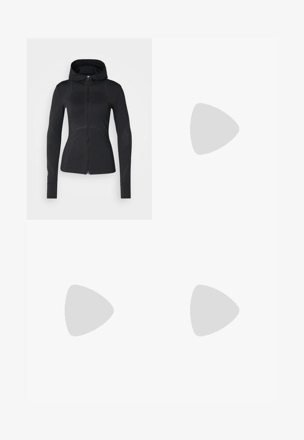 adidas by Stella McCartney Běžecká bunda - black; Kraťasový sportovní tričko, tmavě šedé barvy s perforovanou texturou. Obsahuje bílé logo a kontrastní boční pruhy. Kulatý výstřih.; Černé sportovní šortky vyrobené z elastického materiálu, s vysokým pasem, těsným střihem a bílým logem Adidas na levé straně.; Černé běžecké boty s prodyšným síťovaným svrškem, kulatou špičkou, elegantním designem, texturovanými detaily a polstrovanou podrážkou pro pohodlí.