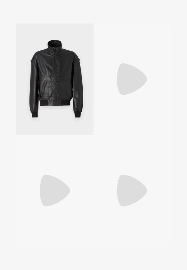 Black leather jacket with a high collar, zip front, and elastic cuffs. Features wide shoulders and two front pockets, textured finish.; White long-sleeve thermal top with a ribbed texture, crew neck, and banded cuffs. Clean design with no patterns or additional accents.; Black leather pants featuring a slim fit, straight legs, and a front zip closure with two front pockets and a smooth, glossy finish.; Black leather loafers with a smooth texture, rounded toe, and a decorative strap across the vamp. Low stacked heel, minimalist design.