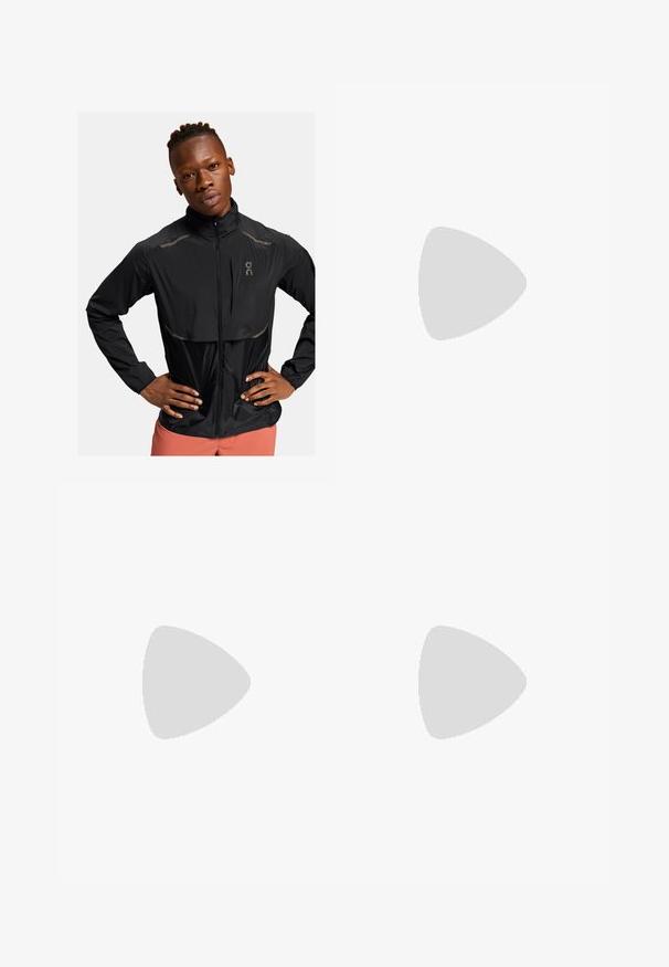 Veste légère noire avec un col haut, fermeture éclair à l'avant et accents réfléchissants. Tissu texturé et léger éclat, conçue pour le sportswear.; T-shirt de sport noir à manches courtes, fabriqué en tissu extensible à évacuation de l'humidité. Il possède un col rond et un petit logo blanc sur la poitrine.; Pantalons de sport noirs avec une texture lisse, coupe slim, taille élastique et poches latérales. Présente un petit logo sur la cuisse gauche.; Baskets de sport noires et grises avec un empeigne en maille, des accents réfléchissants et un intermédiaire blanc. Comprend une semelle extérieure en caoutchouc texturé et des lacets.