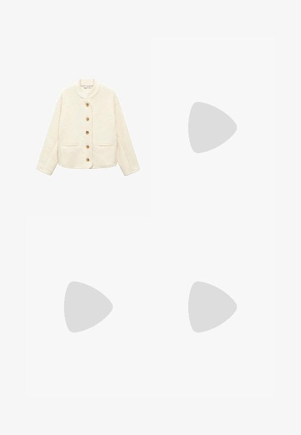 Cream-colored fleece jacket with a shawl collar, five gold buttons, and two front pockets. Textured fabric and relaxed fit design.; Black short-sleeve t-shirt made of cotton. Fitted design, round neck, and smooth texture. No patterns or additional hardware visible.; Light blue denim jeans featuring a straight-leg cut, five-pocket design, and a mid-rise waist with subtle fading and stitching details.; Sport shoes with a white leather upper, gray suede toe, and three black stripes. Features a blue logo on the tongue and a textured rubber sole.; Black, angular sunglasses with gray lenses; made of plastic, featuring thick arms with a smooth surface and no visible hardware.; Gold rectangular watch with a white face, minimalist hour markers, and a mesh metal band. Features a side crown for adjusting time.