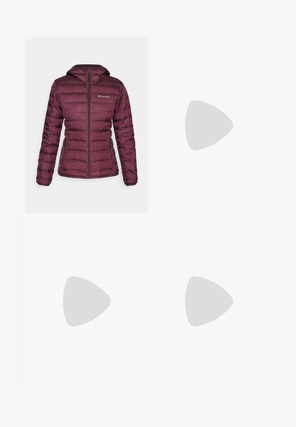 Bordeaux pufferjack met een capuchon, rits aan de voorkant en zijzakken. Kenmerken zijn het gestikte ontwerp en de contrasterende textuur langs de naden.; Grijze langarmshirt van een katoenmix, met een ronde hals en het op de borst gedrukt "Columbia" logo in het wit.; Zwarte outdoor pants met een rechte snit, voorzien van een knoopsluiting, ritszakken aan de zijkant en een logo-label op de linker bovenbeen.; Columbia PEAKFREAK - Outdoorschoenen - black