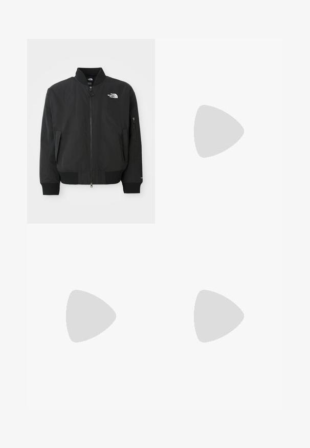 Black bomber jacket made of smooth fabric, featuring a round neckline, ribbed cuffs, and zippered side pockets. The North Face logo is on the chest.; Navy blue striped jersey with short sleeves, featuring a round neck, three white shoulder stripes, and embroidered logos in gold.; Label tag with multi-language text, care symbols, and recycling icons, printed on a soft fabric-like material in light color.; Black sneakers with suede and leather material, featuring a blue logo and brown rubber sole. Paired with gray socks and corduroy pants.