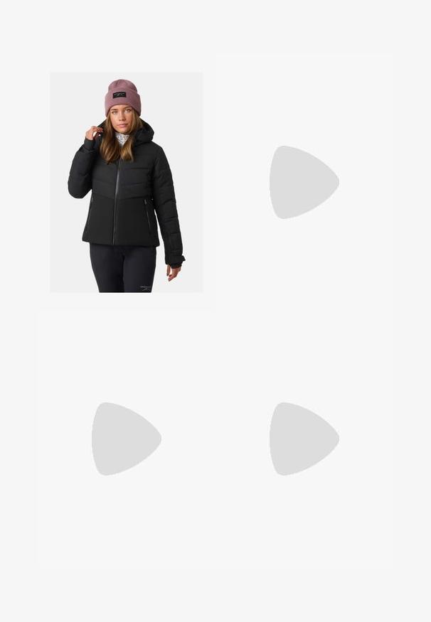 Mustapuff takki vetoketjussa, hupussa ja tilkkutäkkimuotoilussa. Varustettu kahdella vetoketjullisella sivutaskulla ja ribbaiduilla rannekkeilla.; Musta pitkähihaisen t-paita, joka on valmistettu puuvillasta ja jossa on pyöreä kaula-aukko. Vasemmassa rinnassa on pieni valkoinen logo. Yksinkertainen muotoilu ja istuvuus.; Mustat nailonista valmistetut irrotettavat cargo-housut säädettävillä lahkeilla, useilla taskuilla ja logolla oikeassa jalassa. Liukas, kevyt rakenne.; Beige ja kreemi värvi sportlikud jalanõud, millel on tekstiilne mesh ülemine osa, toetavad ülekatted ja kummist tald, millel on mustripattern haardeks.