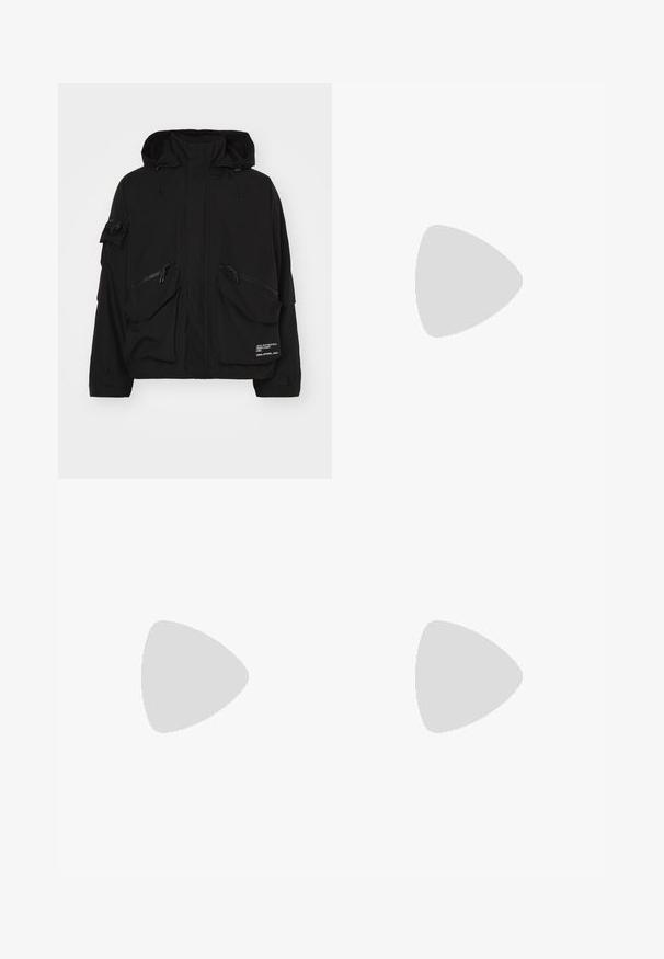 Black waterproof jacket featuring a high collar, multiple zippered pockets, and adjustable drawstrings on the hood and hem.; Black cotton t-shirt featuring a crew neckline, short sleeves, and small white logo text on the left chest. Simple design, classic fit.; Black, elastic-waist trousers with a straight-leg design, featuring a smooth texture and no visible patterns or hardware.; Black suede lace-up shoe with a rounded toe, lightweight cream sole, and subtle blue stitching accents on the upper.