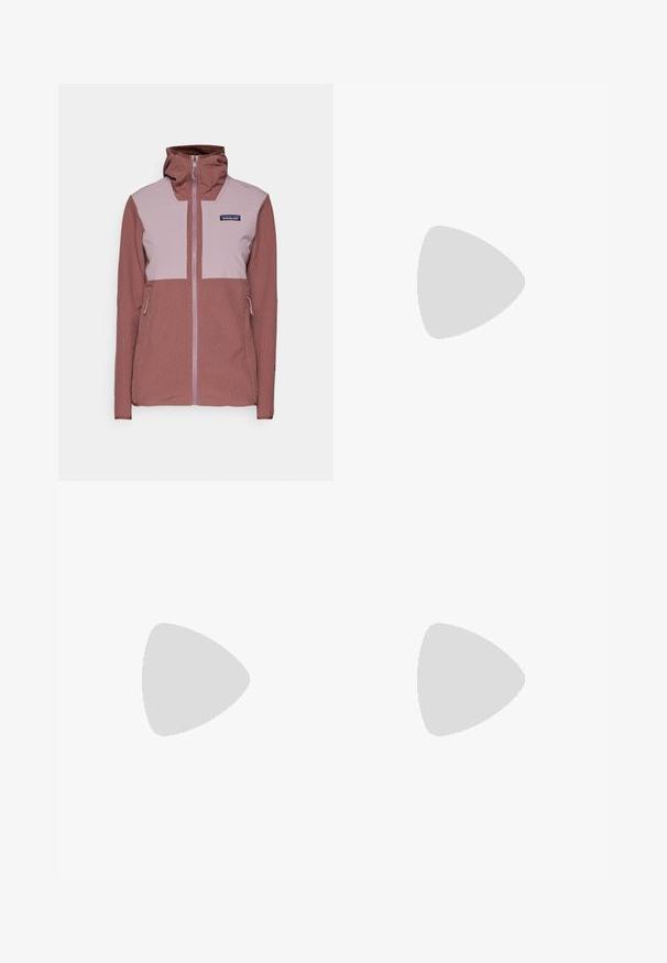 Patagonia CROSSSTRATA HOODY - Blouson - dulse mauve; Pull en polaire texturé noir avec manches longues, fermeture éclair quart sur le devant et petit logo sur la poitrine gauche.; Leggings de sport noirs avec une taille haute, présentant un design texturé, des panneaux gris contrastants, des poches latérales et des poignets ajustés.; Botte de randonnée beige avec des accents noirs, en suède, œillets en métal et semelle en caoutchouc robuste. Dispose d'un col rembourré et de lacets texturés.