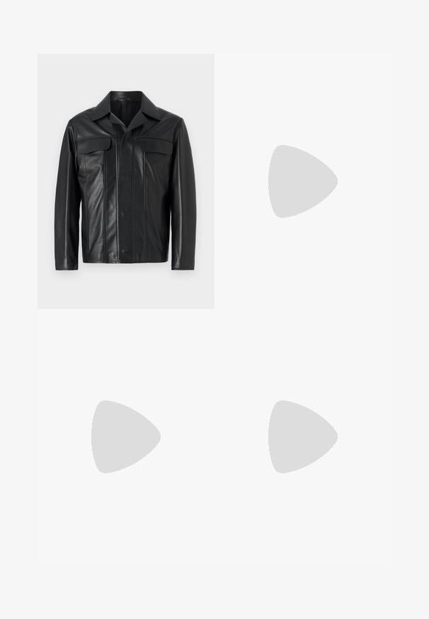 Black leather jacket featuring a button-front closure, two chest pockets, and a classic collar. Smooth texture with subtle stitching details.; White long-sleeve button-up shirt made of cotton, featuring a chest pocket with tonal embroidery, a collar, and button cuffs.; Brown, high-waisted trousers made of textured fabric. Features wide legs and two front pleats for structure. Neat finish with no visible hardware.; Black leather loafers with a smooth texture, rounded toe, and a decorative strap across the vamp. Low stacked heel, minimalist design.; Black canvas tote bag with black leather handles. Simple design, spacious body, and a smooth texture. No visible logos or patterns.