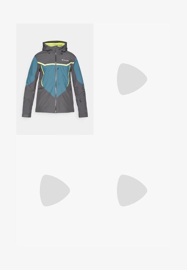 Giacca impermeabile grigia e teal con cappuccio, chiusura frontale con zip e dettagli gialli. Presenta multiple tasche con zip e polsini regolabili.; T-shirt nero a maniche corte realizzata in tessuto leggero. Presenta un piccolo logo bianco sul lato sinistro del petto e delicati dettagli sulle spalle.; Pantaloni sportivi neri realizzati in tessuto leggero, con vita regolabile con cordino, tasche laterali e orli affusolati alle caviglie.; Scarpa da trail running nera con tomaia texture, suola in gomma e punta rinforzata. Presenta un collare imbottito e un tassello per un indossamento facile.