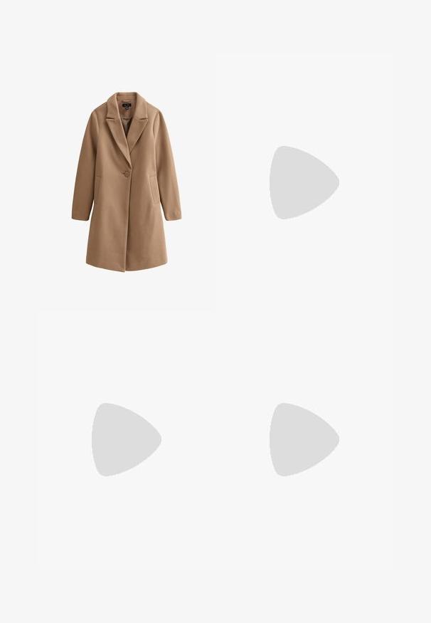 Kamelkleurige jas van zachte stof, met een reverskraag, enkele knoopsluiting en zijzakken. Rechte snit met lange mouwen.; Lichtgrijze hoodie van zacht materiaal, met een voorzak in kangoeroestijl, een verstelbare capuchon en ribgebreide manchetten en zoom.; Lichte, bruin, gelaagde maxirok gemaakt van lichte stof. Bevat drie horizontale ruffles en een elastische tailleband voor comfort.; Bruine en bordeauxkleurige sneaker van suede en mesh materiaal, met drie crèmekleurige strepen, een gemêleerd stof op de tong en een rubberen zool.; Bruin leren schoudertas met logo-patroon, gouden kettingband, ritsluiting en gouden hardwareaccenten. Compacte en rechthoekige vorm.