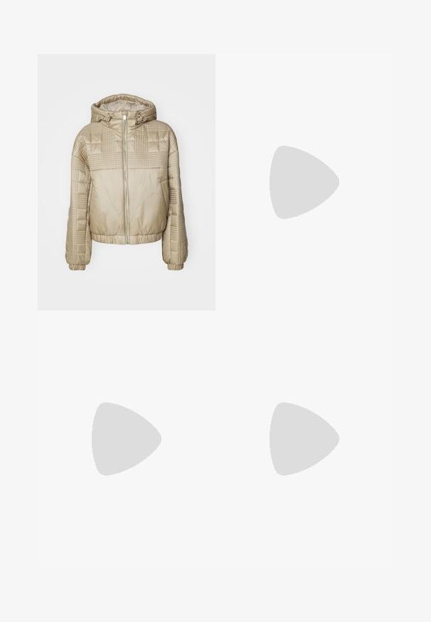 Beige quilted puffer jacket with a hood, featuring a front zipper, elastic cuffs, and textured panels on the sleeves and body.; White cropped T-shirt, short wide sleeves, soft cotton material, round neckline with subtle orange trim, minimal design, no patterns or graphics.; White cotton pants with a straight leg design, featuring a mid-rise waist and no visible hardware or patterns. Smooth texture throughout.; White leather platform loafers with a thick black rubber sole, featuring a rounded toe and minimal decorative stitching.