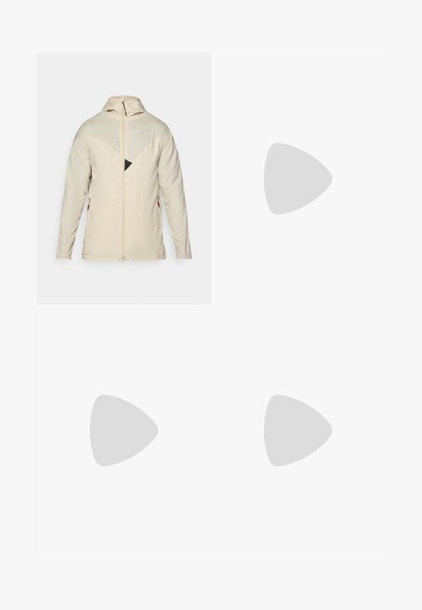Beige, lightweight jacket with long sleeves, zip closure, adjustable hood, and a triangular black accent on the chest. Features side zip pockets.; Black short-sleeve t-shirt made of lightweight, moisture-wicking fabric. Features a white logo on the left chest and a crew neckline.; The North Face HORIZON PANT - Outdoor trousers - black; Gray and black trail running shoe with a textured upper, visible lacing system, and rugged outsole. Features orange accents and branding.