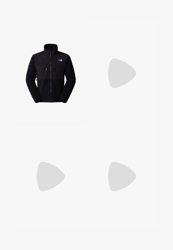 Melnā polārā jaka ar neilona augšdaļu, augstu apkakli, pilnu rāvējslēdzēju, kreiso krūšu kabatu un logotipu augšējā labajā pusē. Apakšējā daļā ir teksturēts polārs.; Melna kokvilnas T-krekls ar īsām piedurknēm, apaļu kakla izgriezumu un mazu balto logotipu kreisajā krūtīs. Vienkāršs dizains, gluda tekstūra un brīvs piegriezums.; Melni sporta bikses, kas izgatavotas no viegla auduma, ar savelcamu jostu, sānu kabatām un sašaurinātiem apakšējiem galiem pie potītēm.; Melni āra sporta apavi ar zamšādas virsu, teksturētu gumijas zoli un izturīgu auklu sistēmu. Iezīmēts ar pastiprinātu papēdi un zīmola logo sānu daļā.