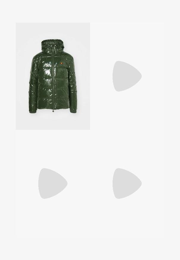 Ellesse TREVANI - Vinterjakke - khaki; Hvit bomulls T-skjorte med korte ermer, med en marineblå brodert logo på venstre bryst og en livlig farge aksent over logoen.; Svarte joggebukser laget av mykt stoff har en innskrenket bendesign, elastisk midje, sidelommer med glidelås og en liten logoak accent.; Svart og grønn sneakers med et mønstret mesh-overdel, hvit swoosh-logo, polstret krage og en synlig luftdemping i sålen.