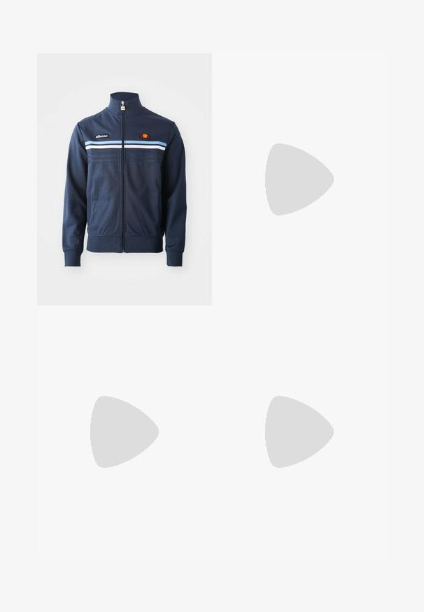 Chaqueta de color azul marino con cremallera, con rayas horizontales en azul claro y blanco, cuello alto y parches del logo de ellesse en el pecho y en la tira de la cremallera.; Conjunto de camisetas de algodón que incluye una camiseta negra y una blanca, ambas con mangas cortas, escote redondo y corte estándar. Tejido texturizado.; Pantalones cargo negros hechos de tela resistente, que cuentan con múltiples bolsillos, un cierre de botón y un diseño de corte slim con piernas ajustadas.; Zapatillas de cuero con un esquema de colores negro y crema, que cuentan con acentos perforados, un collar acolchado y una suela texturizada.