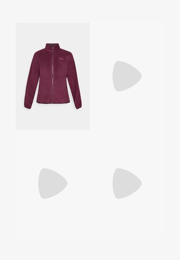 Giacca in pile bordeaux con chiusura a zip, colletto alto e due tasche laterali. Presenta dettaglio del logo sul petto e una texture liscia.; Camicia a maniche lunghe con una parte superiore beige e una parte inferiore verde oliva scuro. Tessuto morbido e testurizzato con cuciture spalle a contrasto.; Pantaloni da escursionismo navy con zip rimovibili, realizzati in tessuto leggero e morbido. Presentano una tasca con zip sulla coscia e due chiusure a bottone in vita.; Scarpe sportive bianche con tomaia in rete, punta rinforzata, suola spessa e imbottita, e motivo di battistrada testurizzato per una maggiore aderenza.