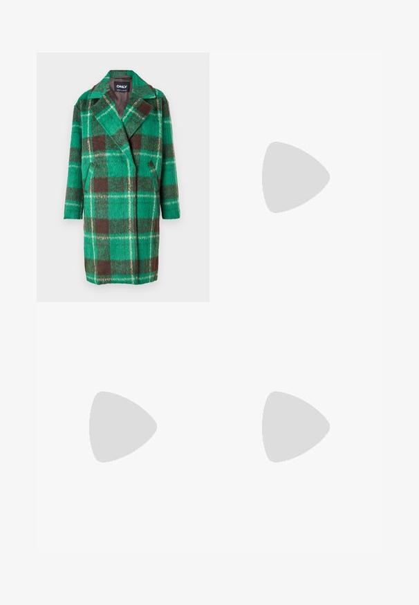 ONLY ONLADELINE LIFE CHECK COAT - Cappotto classico - green/mole/brown rice; Top senza maniche bianco realizzato in tessuto a coste, caratterizzato da un collo arrotondato e una silhouette aderente, con cuciture minime e senza decorazioni.; Jeans flared di colore blu chiaro in denim, dotati di vita alta, design a cinque tasche e una leggera sfumatura verso l'orlo.; Stivali da cowboy in pelle marrone con punta affusolata e tacco a blocco, caratterizzati da dettagliati ricami e accenti rialzati sul gambale.; Borsa a mano in pelle nera con patta e dettaglio in metallo dorato. Include una tracolla nera e un design elegante e minimalista.; Orecchini a cerchio in argento con un design torciglionato, caratterizzati da una finitura lucida e chiusura a perno. Misurano circa 3 cm di diametro.