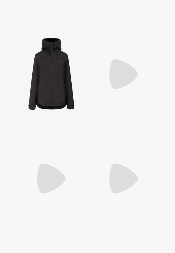 Black Didriksons hooded waterproof jacket with front zipper, adjustable cuffs, and drawstrings on the hood.; Short-sleeve white athletic shirt with a round neckline, featuring a logo on the chest and a smooth, lightweight fabric texture.; Black athletic leggings with a high waistband, smooth texture, logo detail, and side panel accents for added visual interest.; Beige and cream athletic shoe with textured mesh upper, supportive overlays, and rubber outsole featuring a tread pattern for traction.