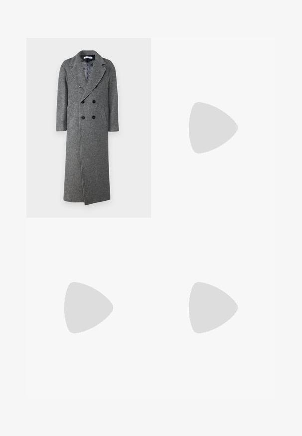 STUDIO ID TYLER COAT - Klasisks mētelis - grey; Īsām piedurknēm polo krekls gaiši bēšā krāsā ar rāvējslēdzāja apkakli. Izgatavots no gludas auduma, tam ir vienkāršs, mūsdienīgs dizains bez rakstiem.; Vīriešu tumši zili pielāgoti uzvalka bikses ar jostas cilpām un priekšējo rāvējslēdzēju, izstādītas uz baltas fona.; Melnas ādas loafers ar spīdīgu apdari, noapaļota pirksta forma, smalkas šuvju detaļas un bieza gumijas zole ilgstošai lietošanai.