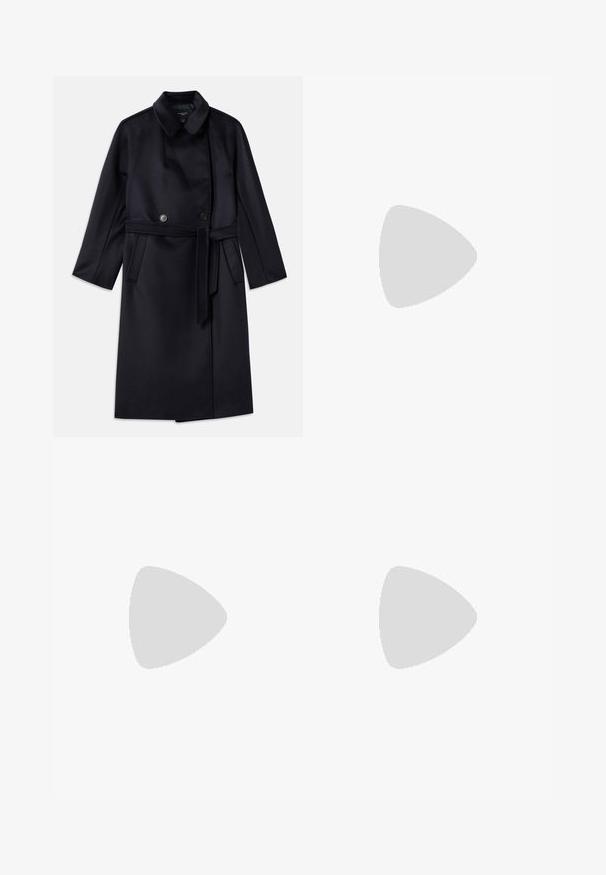 Navy wool blend coat with a notched collar, double-breasted buttons, belted waist, side pockets, and mid-length design.; White short-sleeve blouse featuring blue floral embroidery, a round neckline, and intricate patterns along the front and sleeves.; Denim midi skirt in dark indigo, featuring a front split and slight fade. Classic five-pocket design with metal button closure.; Black leather ankle boot with a rounded toe, block heel, side zipper, and stitching accents on the vamp. Smooth texture, classic design.; Red leather clutch bag with a textured finish, featuring a flat fold-over top and a short strap. Subtle brand logo on the front.