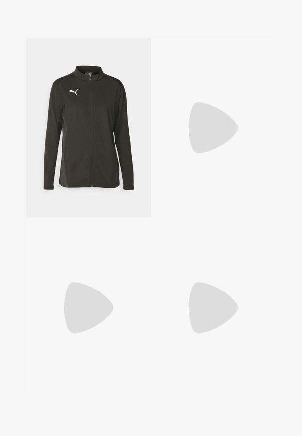 Schwarze Zip-Jacke aus glattem, leichtem Material. Verfügt über einen hohen Kragen, lange Ärmel und ein weißes Puma-Logo auf der Brust.; Weißes, kurz geschnittenes T-Shirt mit schwarzen Raglanärmeln, das ein kleines schwarzes Puma-Logo auf der Brust trägt. Hergestellt aus Baumwolle.; Schwarze sportliche Leggings aus dehnbarem Material, mit hohem Bund, Seitentaschen und einem kleinen reflektierenden Logo am linken Oberschenkel.; Schwarzer Sportschuh mit strukturiertem Obermaterial, elastischen Riemen und einer dicken weißen Mittelsohle. Mit einem grauen Akzent entlang der Sohle.