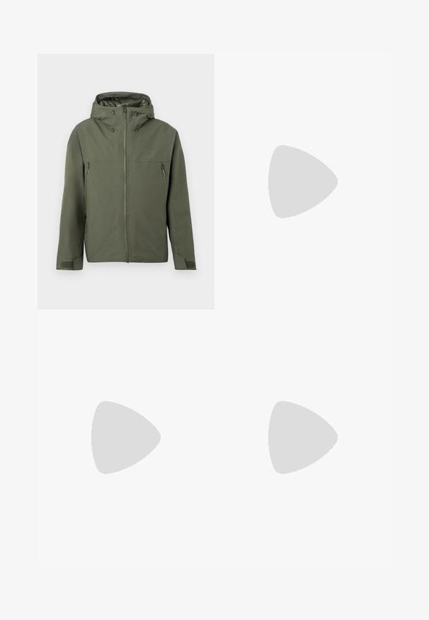 Olivno zelena jakna z zadrgo, nastavljivo kapuco in dvema žepoma z zadrgo spredaj. Minimalistična zasnova z teksturirano tkanino.; Črna majica z dolgimi rokavi iz bombaža, ki ima beli logotip na levem prsnem delu in rebraste manšete. Gladka tekstura z okroglim izrezom.; The North Face HORIZON PANT - Hlače za na prostem - black; Svetlo sivi športni čevelj z teksturiranim mrežastim zgornjim delom, odsevnimi poudarki, značilnim podplatom in pisanimi vezalkami. Ima podporno zasnovo.