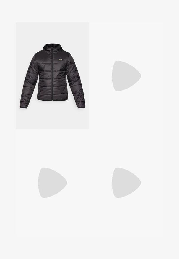 Black puffer jacket features a hood, zip closure, and horizontal quilting. The material is shiny with a small green logo on the chest.; Black cotton t-shirt with a crew neck, short sleeves, and a small green crocodile logo on the left chest. Smooth texture, casual design.; White sweatpants with elastic waistband, featuring black side stripes and cuffs. Made from soft fabric with a smooth texture.; Black athletic shoe featuring a textured upper, three horizontal stripes, and a white sole with a patterned tread. Lightweight and streamlined design.