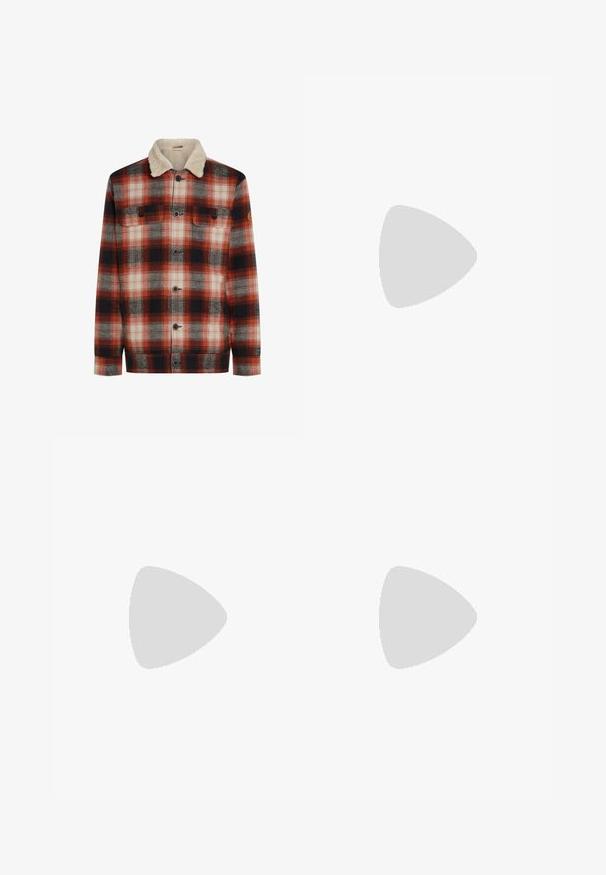 Raudonas, juodas ir baltas languotas švarkas su mygtuku priekyje, dviem krūtinės kišenėmis ir grietinėlės spalvos šerpa apykakle.; Balta medvilninė marškinėlių užsagėlė su trumpomis rankovėmis, apvaliu kaklu, laisva forma ir be matomų logotipų ar raštų. Lygi tekstūra ir minimalus dizainas.; Aukštai juosmeniu, laisvai krentančios džinsai iš blukusių juodų džinsų. Savybės: penki kišenės, diržo kilpos ir švari, tiesi kojų dizainas.; Pilka ir balta sportinė avalynė su zomšiniu ir odiniu viršumi, suapvalintu pirštu, plokščiomis raištelėmis ir guminėmis padais su guminiu akcentu.