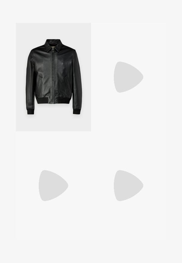 Chaqueta de cuero negra con cremallera frontal, cuello puntiagudo y dos bolsillos laterales. Los puños y el dobladillo acanalados realzan el diseño entallado. Textura suave.; Camiseta de algodón negra con cuello redondo, mangas cortas y un estampado de logo blanco en el lado izquierdo del pecho. Diseño simple y de color sólido.; Pantalones de leather negro con diseño de pierna recta, que cuentan con un cierre de botón, cuatro bolsillos y una textura suave. Detalles de costura reforzada visibles.; Mocasín negro de cuero para hombres con un tacón bajo y un diseño clásico de cinta para monedas, mostrado en perfil lateral sobre un fondo blanco.