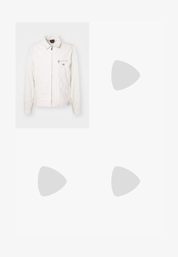 White jacket with red vertical stripes, zip front, stand collar, and chest pocket. Features side pockets and textured fabric.; Five long-sleeve T-shirts in a row: turquoise, black, white, dark gray, and navy blue. Soft fabric with crew neck design and standard fit.; Light blue denim jeans with straight leg design, featuring a mid-rise waist, five pockets, and a button and zipper closure.; Black leather loafer with a tasseled accent, featuring a chunky black sole and yellow stitching along the edge. Textured finish.; Three-layered silver metal necklace featuring sleek, flexible chains with a slight sheen, secured with a lobster clasp and adjustable chain.