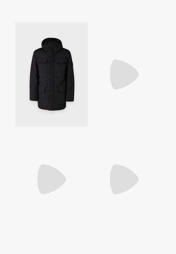 G-STAR VODAN PARKA - Parka - black; Tyrkysové kotonové tričko s kulatým výstřihem a krátkými rukávy. Má rovný střih a malou značkovou visačku na boku. Hladká textura.; Světle modré džíny rovného střihu s knoflíkovým a zipovým zapínáním, předními kapsami a jemně vybledlými detaily.; Kožené tenisky s černobílou barevnou kombinací, které mají perforované detaily, polstrovaný límec a texturovanou podrážku.
