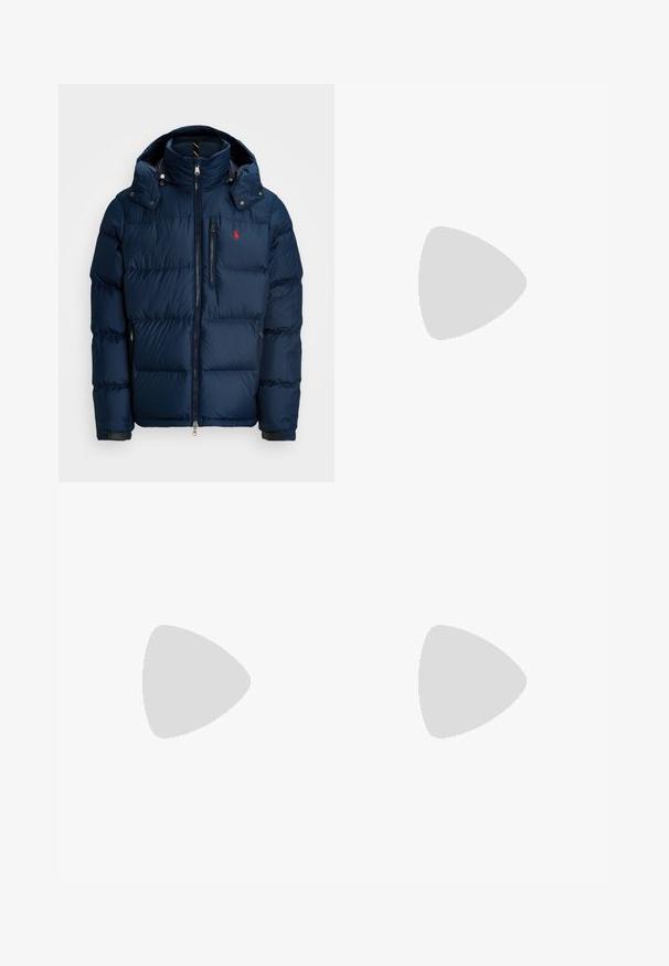 Navy blue puffer jacket with a high collar and detachable hood, zippered front, and two side pockets. Features horizontal quilting and logo.; Beige long-sleeve shirt made of cotton blend. Features button-down collar, seven front buttons, and a small embroidered logo on the left chest.; Beige cotton chinos with a flat front, belt loops, and side pockets. Straight-leg design with a smooth texture and a light, breathable feel.; White leather sneakers, low-top design, featuring a smooth texture, round toe, laced front, and a small embroidered logo on the side.