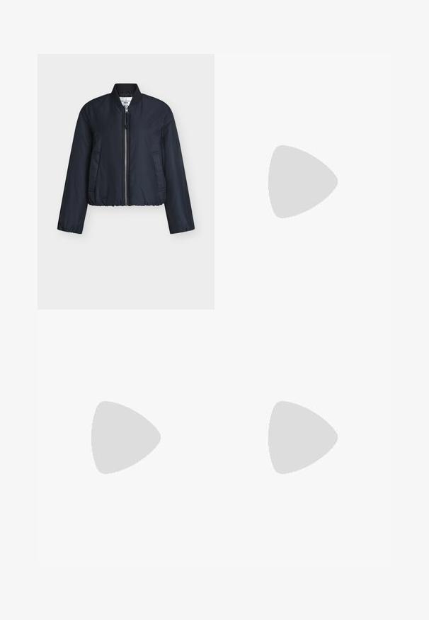 Navy blue cropped bomber jacket made from smooth fabric, featuring a front zipper, ribbed cuffs, and two side pockets.; Black dress featuring a ribbed fabric with puffed sleeves and a high neckline. The silhouette is straight and falls to the knee.; Black leather stiletto shoe with a pointed toe, open back, and ankle straps tied in a bow. Slim 3-inch heel. Smooth texture, minimalist design.; Black leather handbag in a crescent shape with a smooth texture, a single adjustable strap, and a zip closure on the side.