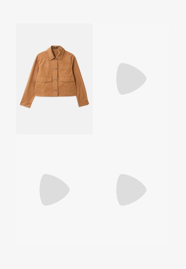 Brown cropped jacket made from durable material, featuring a collared neck, button closure, two front pockets, and a textured finish.; White cropped long-sleeve shirt made of cotton. Features a button-up front, a chest pocket, and a small black logo on the bottom left.; Brown wide-leg trousers made from a smooth fabric, featuring a front button closure, two front pockets, and clean, tailored lines.; Black leather slingback shoe with a pointed toe, featuring a woven accent and pleated upper design. Flat sole with minimal hardware.; Brown suede handbag with a geometric design, featuring a top handle and removable shoulder strap. Gold hardware accents and stitching details.