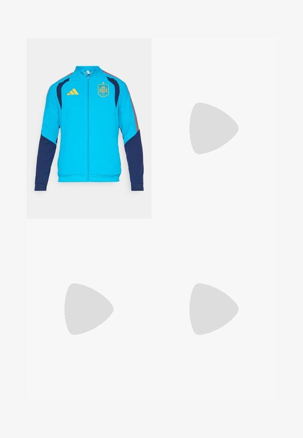 Turquoise sportjack met donkerblauwe mouwen, voorzien van een gele ritssluiting en Adidas-logo. Op de borst staat het Spaanse nationale wapen afgebeeld.; Zwarte mouwloze sporttanktop met een V-hals, witte accenten aan de zijkanten en een wit Adidas-logo op de borst. Glad, vochtafvoerend materiaal.; Zwarte sportbroeken met een elastische tailleband, twee ritszakken aan de zijkant, taps toelopende pijpen en een subtiele logo-detail op de heup.; Zwarte sportschoen met witte strepen, bovenwerk van mesh, ronde neus en geveerde zool. Heeft een getextureerde hak en een veilig vetersysteem.