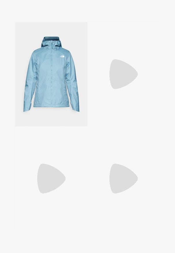 The North Face QUEST TRICLIMATE - Hardshell jacket - algae blue/midnight petrol; Black cotton t-shirt featuring a crew neckline and short sleeves. Notable white logo on the upper left side. Smooth texture, casual fit.; Black nylon zip-off cargo trousers with adjustable cuffs, multiple pockets, and a logo on the right leg. Smooth, lightweight texture.; Black hiking shoes with a textured fabric upper, lacing system, and rugged rubber sole. Accented with reflective details and logos.