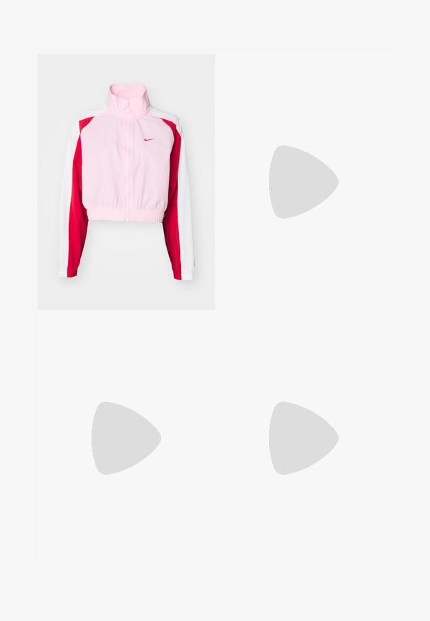 Nike cropped jacket featuring a pink body, red and white sleeves, high collar, front zipper, and elastic waistband. Lightweight fabric.; Cream short-sleeve T-shirt made of cotton, featuring a round neckline and a printed Nike logo in contrasting light grey on the chest.; White wide-leg athletic pants with a ribbed waistband and subtle logo detail. Smooth fabric with a relaxed fit and tapered hem.; White leather sneakers with yellow and lavender accents, round toe, flat laces, and textured rubber sole. Worn with white socks.