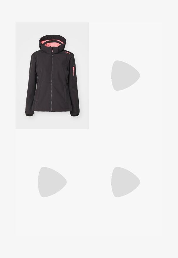 CMP ZIP HOOD - Giacca softshell - antracite/lotus; T-shirt sportivo nero realizzato in un tessuto liscio, con un grande logo bianco a tre strisce sul davanti e dettagli del marchio sull'orlo.; Pantaloni neri, leggeri, impermeabili, con vita elasticizzata, tasche laterali e polsini regolabili. Presentano un logo bianco sulla coscia sinistra.; Scarpa sportiva nera con parte superiore in rete, suola intermedia bianca, suola in gomma testurizzata e tre strisce grigie sui lati. Dotata di lacci e una linguetta per la calzata.
