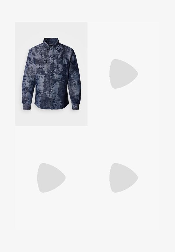 Denim shirt featuring a dark blue floral pattern, two chest pockets, button-up front, and a classic collar design. Textured fabric.; Two short-sleeve shirts: one solid black, one white with black vertical stripes. Both feature button closures and a classic collar.; Beige tailored trousers with a flat front, single button closure, and two angled side pockets. Smooth fabric with a slim fit and tapered leg.; Black leather loafers with a rounded toe, featuring a stitched design, low platform sole, and a textured, lugged rubber outsole.