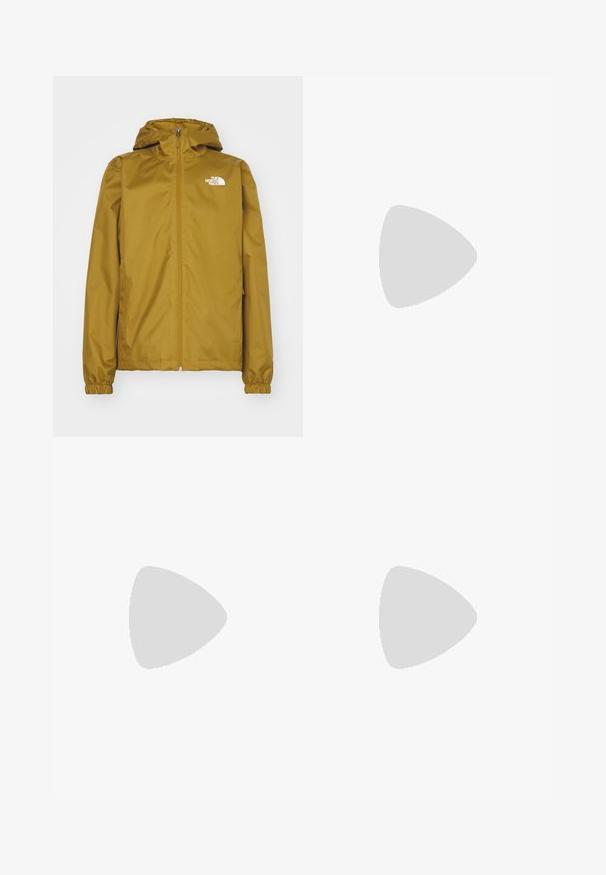 Lystebrun The North Face hættetrøje med frontlynlås og elastiske manchetter, præsenteret på en hvid baggrund.; Sort kortærmet t-shirt lavet af bomuld, med rund halsudskæring og et lille hvidt logo på den øverste venstre brystområde.; Sorte vandtætte bukser med en glat tekstur, der har et GORE-TEX-logo på fronten og forstærkede nederste ben for holdbarhed.; Sort trail løbesko med en struktureret overdel, gummisål og forstærket tåhætte. Har en polstret krave og en pull-tab til nem påtagning.