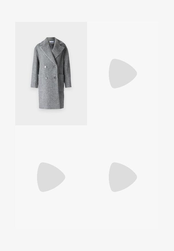STUDIO ID DAYOUNG COAT - Palton clasic - futura grey; Rochie neagră, cu umerii descoperiți, cu decolteu plisat, croi slim și textură fină. Design minimalist, până la genunchi, fără decorațiuni suplimentare.; MAX&Co. BRIVIDO - Pantaloni - schwarz; Botine negre din piele până la glezna, cu un design elegant, vârful ascuțit și toc înalt tip bloc. Prezintă o textură netedă și detalii de cusătură minimalistă.