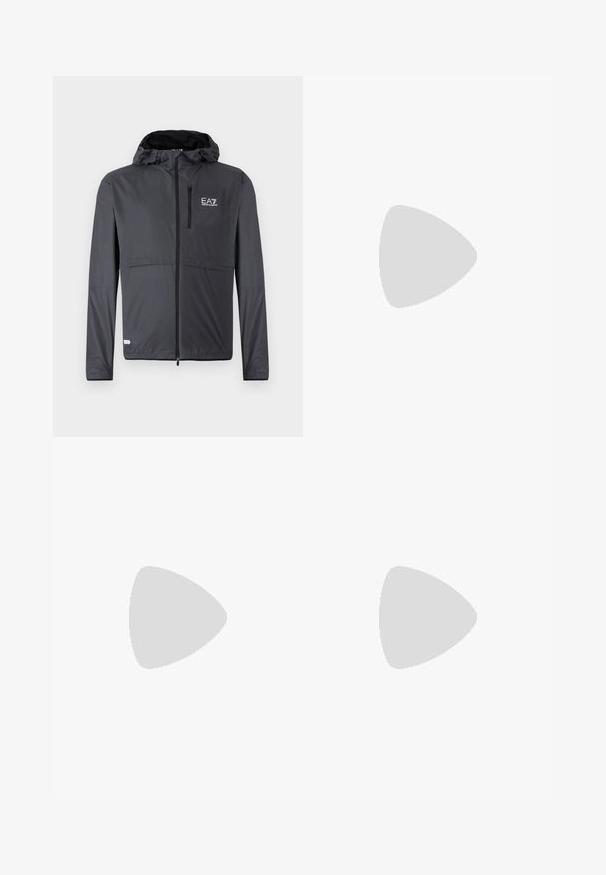 Lightweight black jacket with a hood, featuring a zippered pocket and logo detail on the upper left side. Made of smooth, water-resistant fabric.; White cotton t-shirt featuring a round neckline and short sleeves, with a gold EA7 Emporio Armani logo printed on the front.; Black athletic shorts made of soft fabric,Featuring an elastic waistband and a small yellow EA7 logo on the lower left leg.; White leather sneaker with a smooth finish, round toe, flat laces, and a textured sole. Features a subtle logo on the heel.