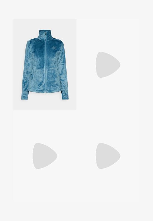 The North Face OSITO JACKET - Fliisjakk - algae blue; Must mustahiheline T-särk, millel on pikad varrukad, valmistatud puuvillast ja ümarast kaelusest. Vasakul rinnal on väike valge logo. Lihtne disain ja sobivus.; Mustad nailonist valmistatud eemaldatavad cargo-püksid, reguleeritavate pahkluudega, mitmete taskutega ja paremal jalal logoga. Sile, kerge tekstuur.; Beež ja koobalti spordijalats tekstureeritud võrkkattega, toetavad ülemised kihid ja kummist tallaga, millel on mustriga joonistus haardeks.