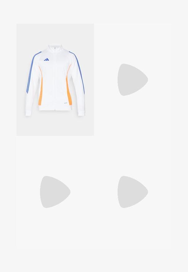 Giacca bianca con zip, caratterizzata da strisce laterali arancioni e blu, colletto alto e polsini a costine. Realizzata in materiale liscio e leggero.; Maglietta atletica bianca a maniche lunghe realizzata in materiale morbido con logo Adidas nero sul petto; design a V e forma aderente.; Pantaloni sportivi bianchi con vita elastica, realizzati in un tessuto liscio. Presentano un logo Adidas nero sul lato sinistro in basso.; Scarpa da calcio bianca con accenti neri e suola rossa. Presenta tre strisce nere sul lato e una tomaia liscia e testurizzata.