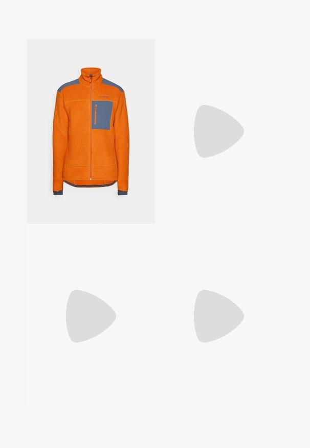 Orange fleece jacket with a high collar, blue shoulder accents, a zippered chest pocket, and ribbed cuffs. Textured fabric throughout.; Short-sleeve, pale blue t-shirt made of soft fabric featuring a dark blue graphic of a stylized figure's head on the front.; Olive green outdoor pants made of durable fabric, featuring multiple zippered pockets, a fitted waist, and articulated knee panels.; Black outdoor shoes with mesh and synthetic material, featuring a textured upper, secured lacing system, and a rugged outsole, on rocky terrain.
