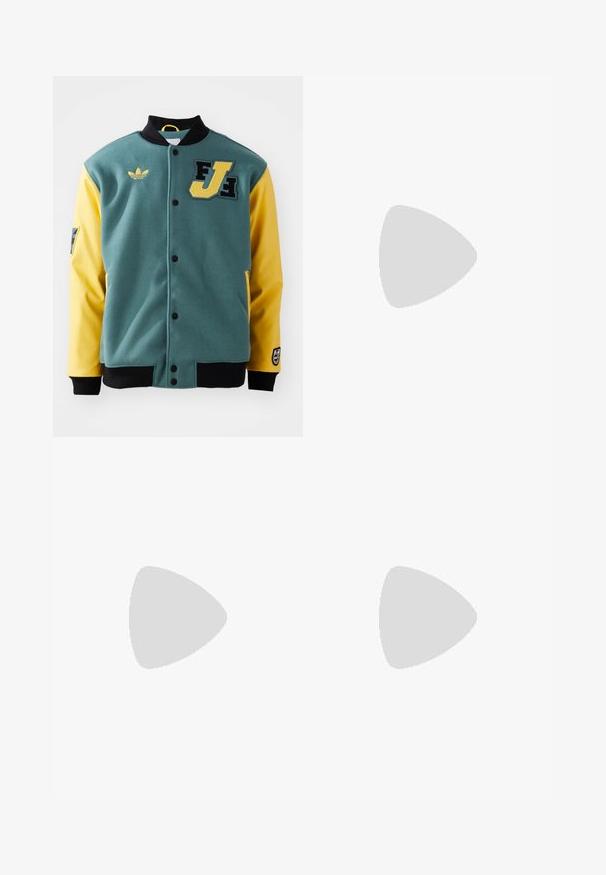 Green and yellow varsity jacket with black collar and cuffs, front snap buttons, Adidas logo, and FJ patch on the chest.; Black cotton t-shirt featuring a green and yellow graphic print, with a small Adidas logo on the left chest and a tag on the bottom hem.; Brown cotton utility pants with a straight leg design, featuring front pockets and metal hardware accents for added durability.; White leather sneaker featuring a low-top design, round toe, perforated detailing, and a textured sole. Laces and subtle stitching accents included.