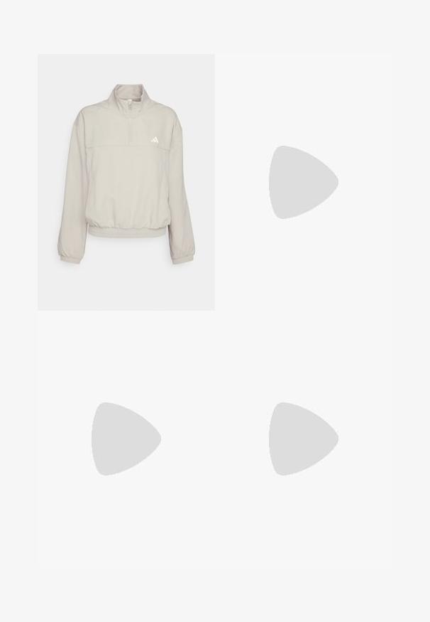 adidas Performance AEROREADY TRAIN ESSENTIALS QUARTER ZIP - Treningsjakke - beige/white; To lange ermesskjorter med høy hals, en hvit og en svart, laget av et glatt, elastisk stoff, begge med slim-fit design og høye krager.; Sorte bukser med glatt stoff, rett ben-design og flate frontlommer. Har en midje med beltehemper. Ingen synlige mønstre.; Sorte gummiklipp med ventilasjonshull, hevet hæl, bakre stropp og teksturert såle. Glatt overflate med minimalistisk design.