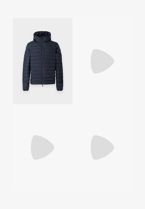Dark navy puffer jacket with a hood, featuring horizontal quilted sections, a front zipper, and elastic cuffs. Minimalist design with subtle accents.; Light gray knitted sweater with a crew neckline, long sleeves, and ribbed cuffs and hem. Textured pattern with flecks of color.; Light blue denim jeans with a straight-leg design, five pockets, button closure, minimal fading, and contrasting stitching details.; White sneaker with a smooth leather upper and a low profile. Features a rounded toe, six eyelets, and a textured rubber sole.