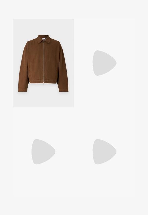 Brown zip-up jacket with a collar, featuring long sleeves, side pockets, and a cropped design in a smooth, textured fabric.; White cotton T-shirt featuring a black Adidas logo at the center. Short sleeves and a crew neck design. Smooth texture.; Black cargo pants with an elastic waistband, two side pockets, and a subtle logo on the left thigh. Made from a lightweight fabric.; Black suede sneaker with yellow accents, featuring three stripes and a brown rubber sole. Includes a padded tongue for comfort.; Black rectangular sunglasses with dark lenses. Plastic frame with a glossy finish, featuring a wide bridge and slightly tapered arms.