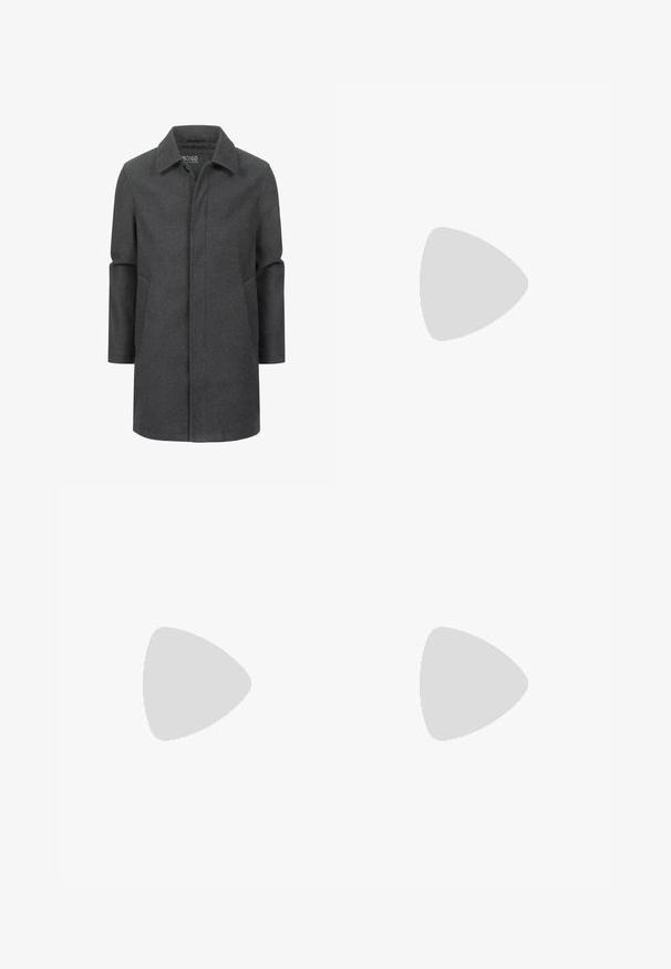 Gray wool coat with a classic collar, mid-length design, side pockets, and a subtle texture. Closed front with no visible fasteners.; Black short-sleeve T-shirt made from lightweight fabric. Features a small white logo on the left chest and subtle shoulder accents.; Black athletic pants made from lightweight fabric, featuring a drawstring waistband, side pockets, and tapered cuffs at the ankles.; Black trail running shoe with a textured upper, rubber sole, and reinforced toe cap. Features a padded collar and pull tab for easy wear.