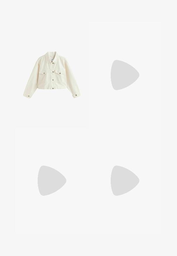 Veste en denim blanc courte avec un col pointu, deux poches poitrine et des fermetures à boutons avec des accents métalliques.; Deux t-shirts à col rond en noir et blanc, fabriqués en coton. Ils ont des manches courtes et un design uni sans motifs ni accents.; Stradivarius WIDE-LEG WITH BUCKLE DETAIL  - Pantalon classique - dark brown; Baskets avec une tige en cuir blanc, un bout en daim gris et trois bandes noires. Présente un logo bleu sur la languette et une semelle en caoutchouc texturée.